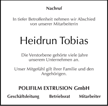 Traueranzeige von Heidrun Tobias von Mitteldeutsche Zeitung Köthen