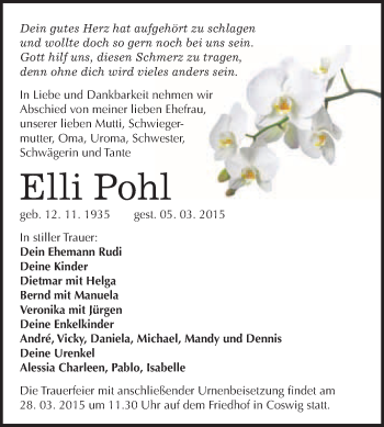 Traueranzeige von Elli Pohl von Super Sonntag Wittenberg