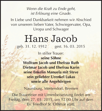 Traueranzeige von Hans Jacob von Mitteldeutsche Zeitung Naumburg/Nebra