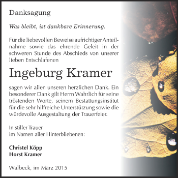 Traueranzeige von Ingeburg Kramer von Super Sonntag SGH Mansf. Land