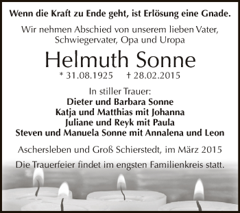 Traueranzeige von Helmuth Sonne von Super Sonntag Aschersleben