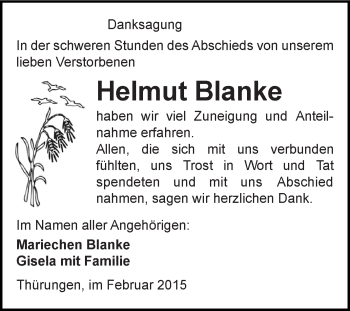 Traueranzeige von Helmut Blanke von Super Sonntag SGH Mansf. Land