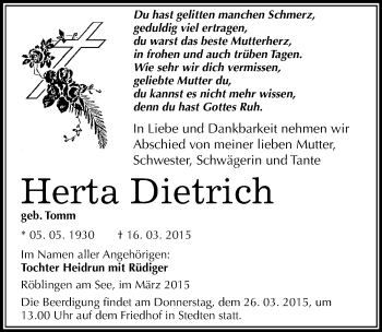 Traueranzeige von Herta Dietrich von Mitteldeutsche Zeitung Mansfelder Land