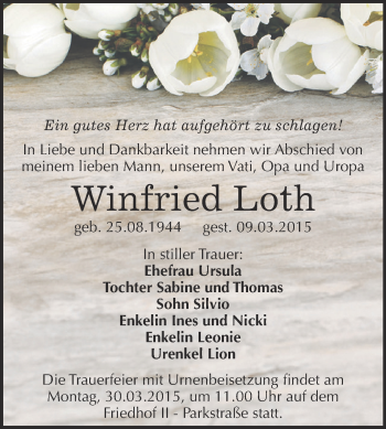 Traueranzeige von Winfried Loth von Super Sonntag Bernburg