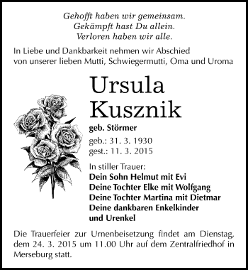 Traueranzeige von Ursula Kusznik von Mitteldeutsche Zeitung Merseburg/Querfurt