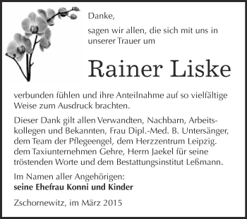 Traueranzeige von Rainer Liske von WVG - Wochenspiegel Wittenberg
