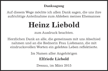 Traueranzeige von Heinz Liebold von WVG - Wochenspiegel Dessau / Köthen