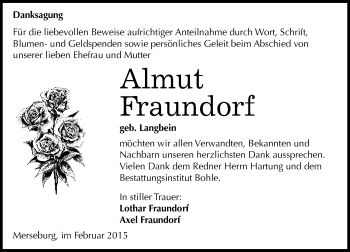 Traueranzeige von Almut Fraundorf von WVG - Wochenspiegel Merseburg