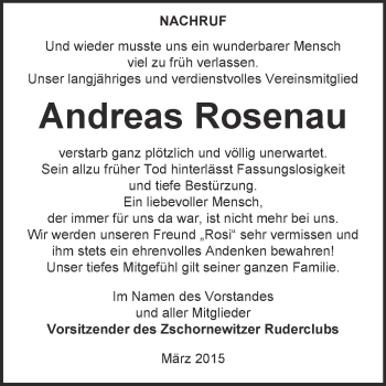 Traueranzeige von Andreas Rosenau von Super Sonntag Wittenberg