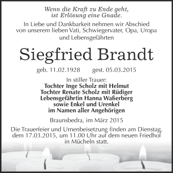 Traueranzeige von Siegfried Brandt von WVG - Wochenspiegel Merseburg