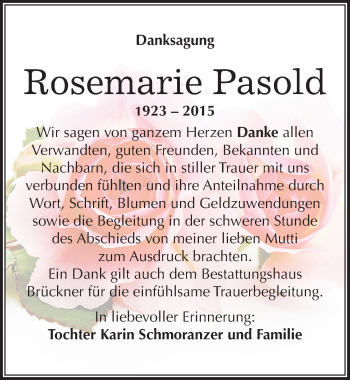 Traueranzeige von Rosemarie Pasold von Mitteldeutsche Zeitung Weißenfels
