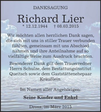 Traueranzeige von Richard Lier von WVG - Wochenspiegel Dessau / Köthen