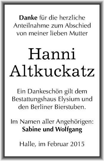 Traueranzeige von Hanni Altkuckatz von Mitteldeutsche Zeitung Halle/Saalkreis