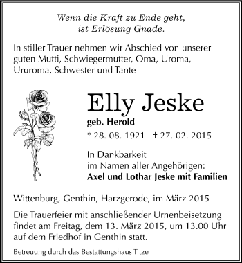 Traueranzeige von Elly Jeske von Mitteldeutsche Zeitung Quedlinburg