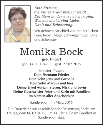 Traueranzeige von Monika Bock von WVG - Wochenspiegel Bitterfeld