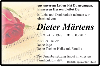 Traueranzeige von Dieter Märtens von Super Sonntag Quedlinburg