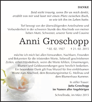 Traueranzeige von Anni Groschopp von WVG - Wochenspiegel Merseburg