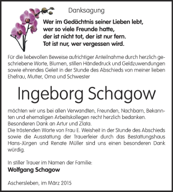 Traueranzeige von Ingeborg Schagow von Super Sonntag Aschersleben