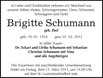 Traueranzeige von Brigitte Schumann von Mitteldeutsche Zeitung Halle/Saalkreis