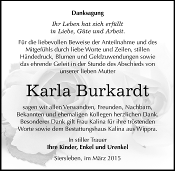 Traueranzeige von Karla Burkardt von Mitteldeutsche Zeitung Mansfelder Land