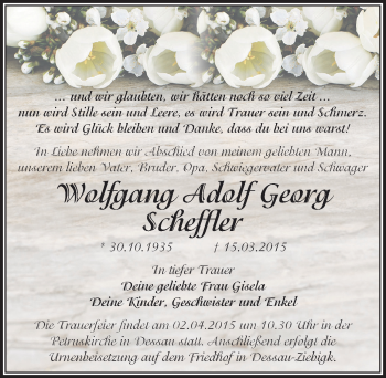Traueranzeige von Wolfgang Adolf Georg Scheffler von Mitteldeutsche Zeitung Dessau-Roßlau