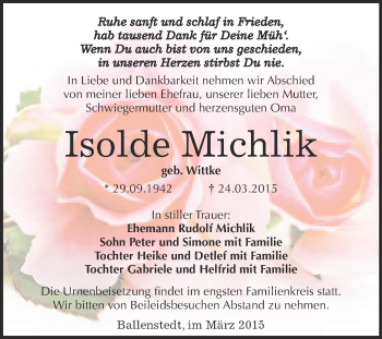 Traueranzeige von Isolde Michlik von WVG - Wochenspiegel Quedlinburg