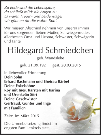 Traueranzeige von Hildegard Schmiedchen von Super Sonntag Zeitz