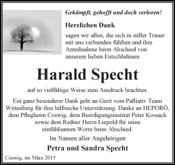 Traueranzeige von Harald Specht von WVG - Wochenspiegel Dessau / Köthen