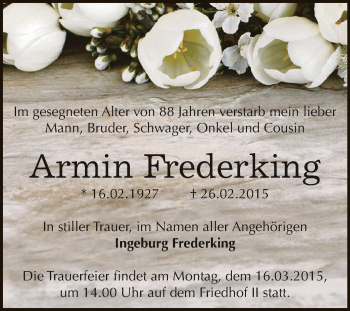 Traueranzeige von Armin Frederking von Super Sonntag Bernburg