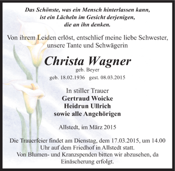 Traueranzeige von Christa Wagner von Mitteldeutsche Zeitung Sangerhausen