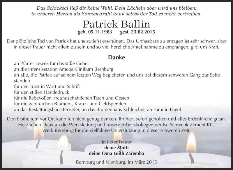  Traueranzeige für Patrick Ballin vom 22.03.2015 aus Super Sonntag Bernburg