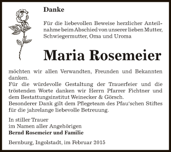 Traueranzeige von Maria Rosemeier von Super Sonntag Bernburg