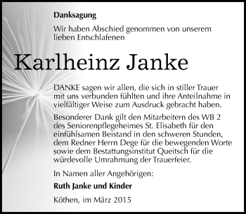 Traueranzeige von Karlheinz Janke von Mitteldeutsche Zeitung Köthen