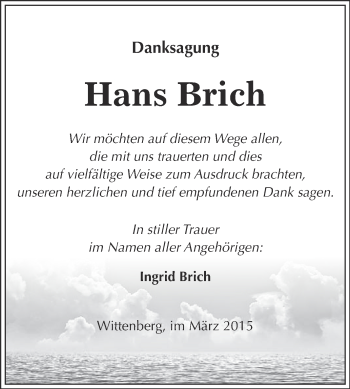 Traueranzeige von Hans Brich von WVG - Wochenspiegel Wittenberg
