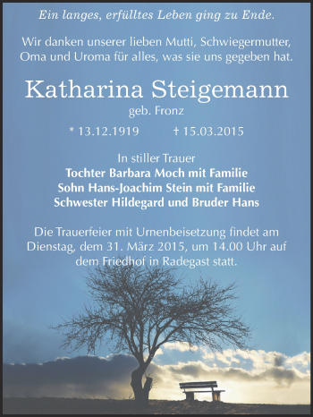 Traueranzeige von Katharina Steigemann von WVG - Wochenspiegel Dessau / Köthen