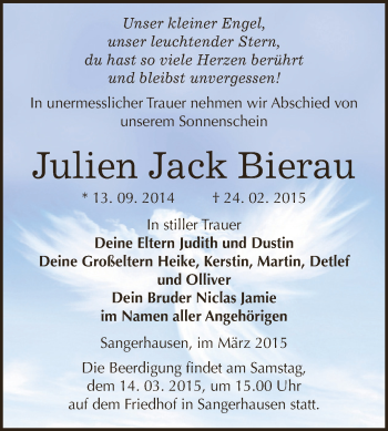 Traueranzeige von Julien Jack Bierau von Super Sonntag SGH Mansf. Land