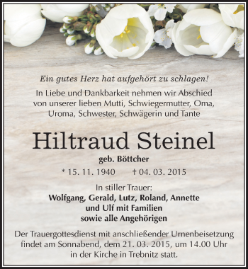 Traueranzeige von Hiltraud Steinel von Mitteldeutsche Zeitung Merseburg/Querfurt