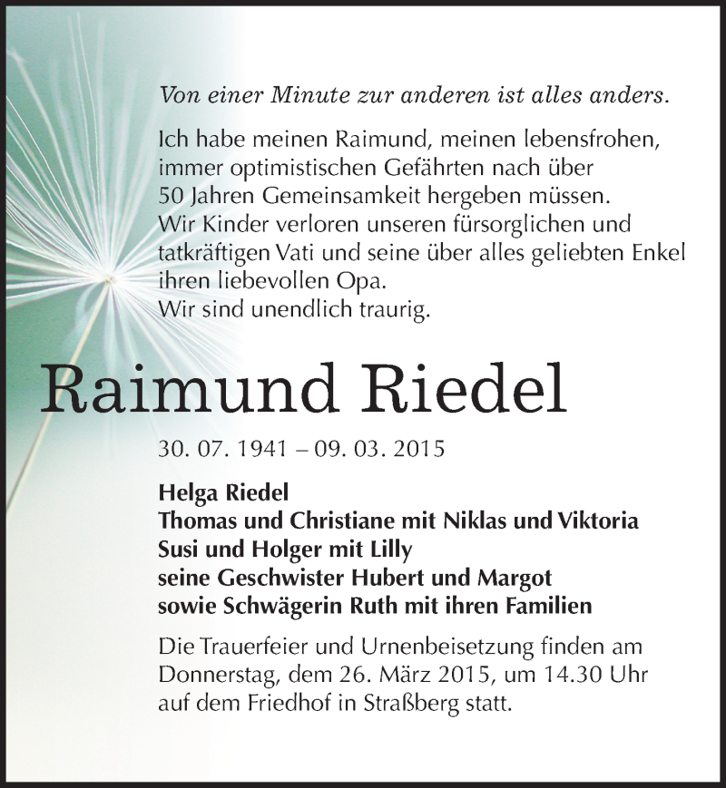  Traueranzeige für Raimund Riedel vom 14.03.2015 aus Mitteldeutsche Zeitung Quedlinburg