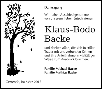 Traueranzeige von Klaus-Bodo Backe von Mitteldeutsche Zeitung Quedlinburg