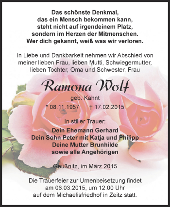 Traueranzeige von Ramona Wolf von Super Sonntag Zeitz