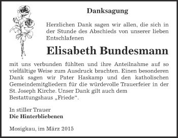 Traueranzeige von Elisabeth Bundesmann von WVG - Wochenspiegel Dessau / Köthen