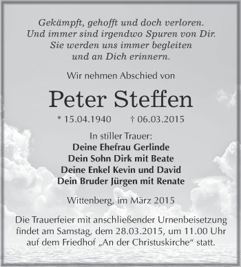 Traueranzeige von Peter Steffen von WVG - Wochenspiegel Wittenberg
