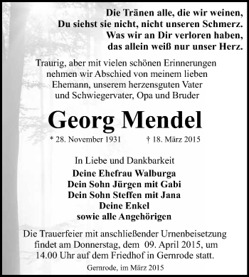 Traueranzeige von Georg Mendel von WVG - Wochenspiegel Quedlinburg