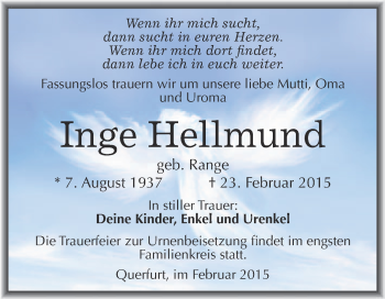 Traueranzeige von Inge Hellmund von Super Sonntag Merseburg