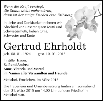 Traueranzeige von Gertrud Ehrholdt von Mitteldeutsche Zeitung Quedlinburg