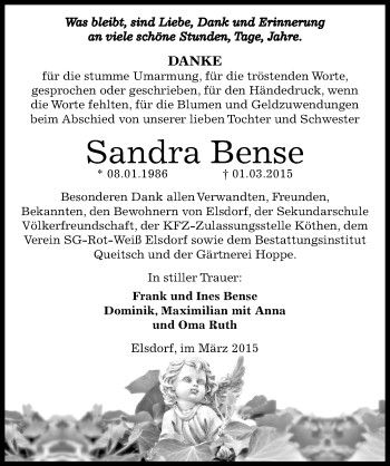 Traueranzeige von Sandra Bense von Mitteldeutsche Zeitung Köthen