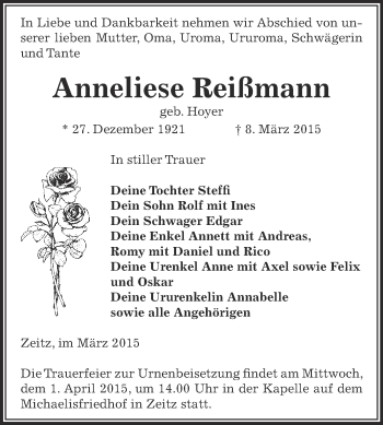 Traueranzeige von Anneliese Reißmann von Super Sonntag Zeitz