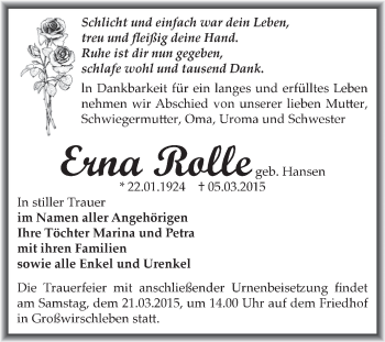 Traueranzeige von Erna Rolle von Super Sonntag Bernburg