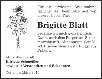 Traueranzeige von Brigitte Blatt von Super Sonntag Zeitz