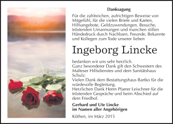 Traueranzeige von Ingeborg Lincke von Mitteldeutsche Zeitung Köthen